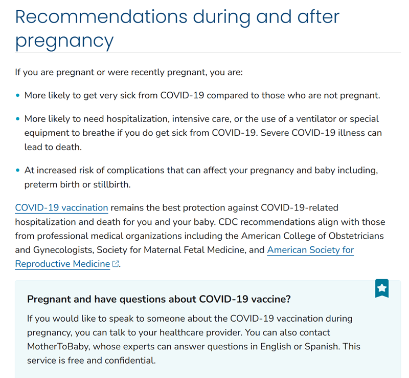 COVID-19 pregnancy recommendations text poster with bullets on vaccination, hospitalization, and severe symptoms.