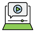 A stylized green and white icon of a laptop screen displaying a play button within a speech bubble.