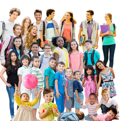 Large diverse group of people ranging in age from newborn through late adolesence standing together smiling.