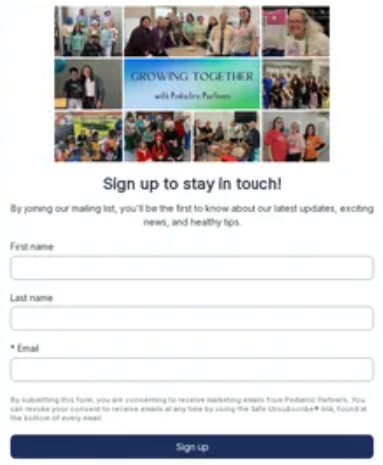 Newsletter signup form with group photo banner and fields for first name, last name, and email.