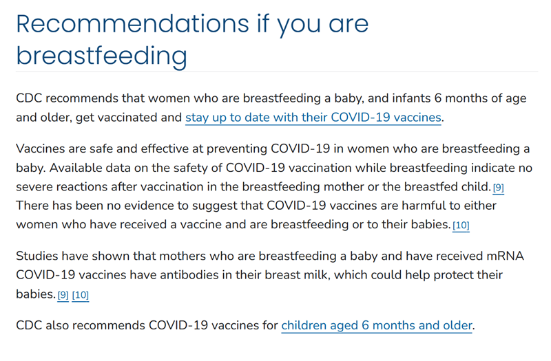 CDC webpage on breastfeeding and COVID-19 vaccination recommendations for mothers and infants