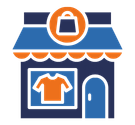An icon of a store with a blue building and orange accents.