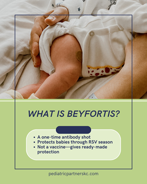 An infant receives an injection in their leg. Text explains Beyfortus is a one-time antibody shot for RSV protection.