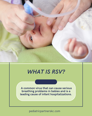 A person using a nasal aspirator on an infant, with text explaining that RSV is a common virus causing breathing issues.
