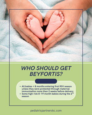 Hands forming a heart shape around a baby’s feet, with text explaining eligibility guidelines for the Beyfortis vaccine.
