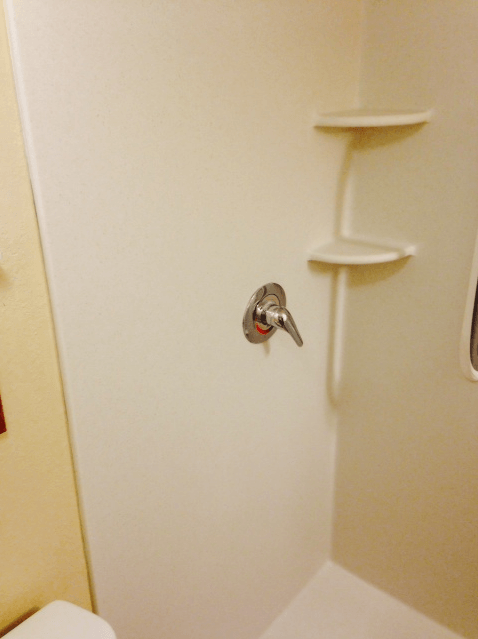 A bathroom with a toilet and a shower stall