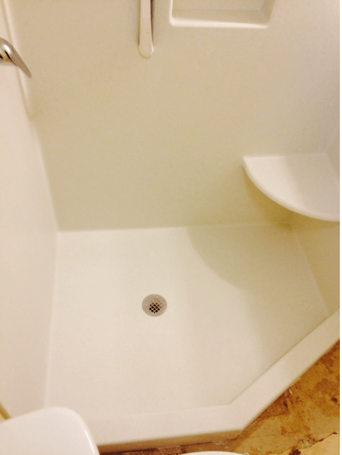 A bathroom with a shower stall and a toilet