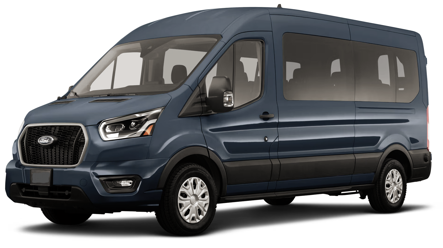 A blue ford transit van is shown on a white background.