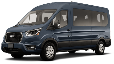 A blue ford transit van is shown on a white background.
