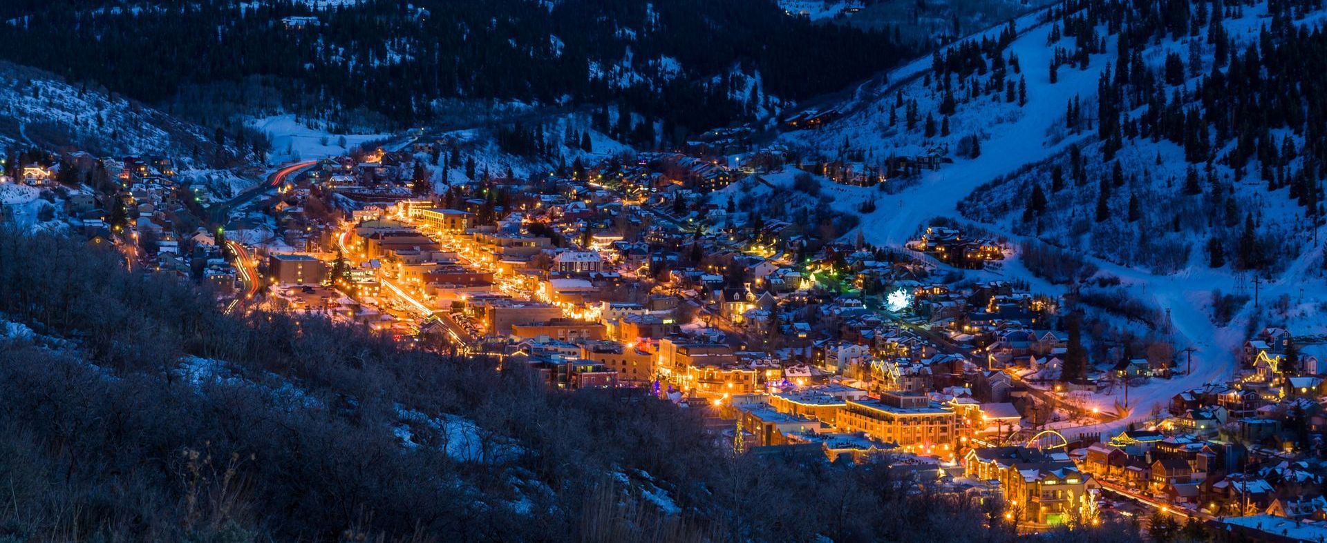 An aerial view of a ski resort at night.
