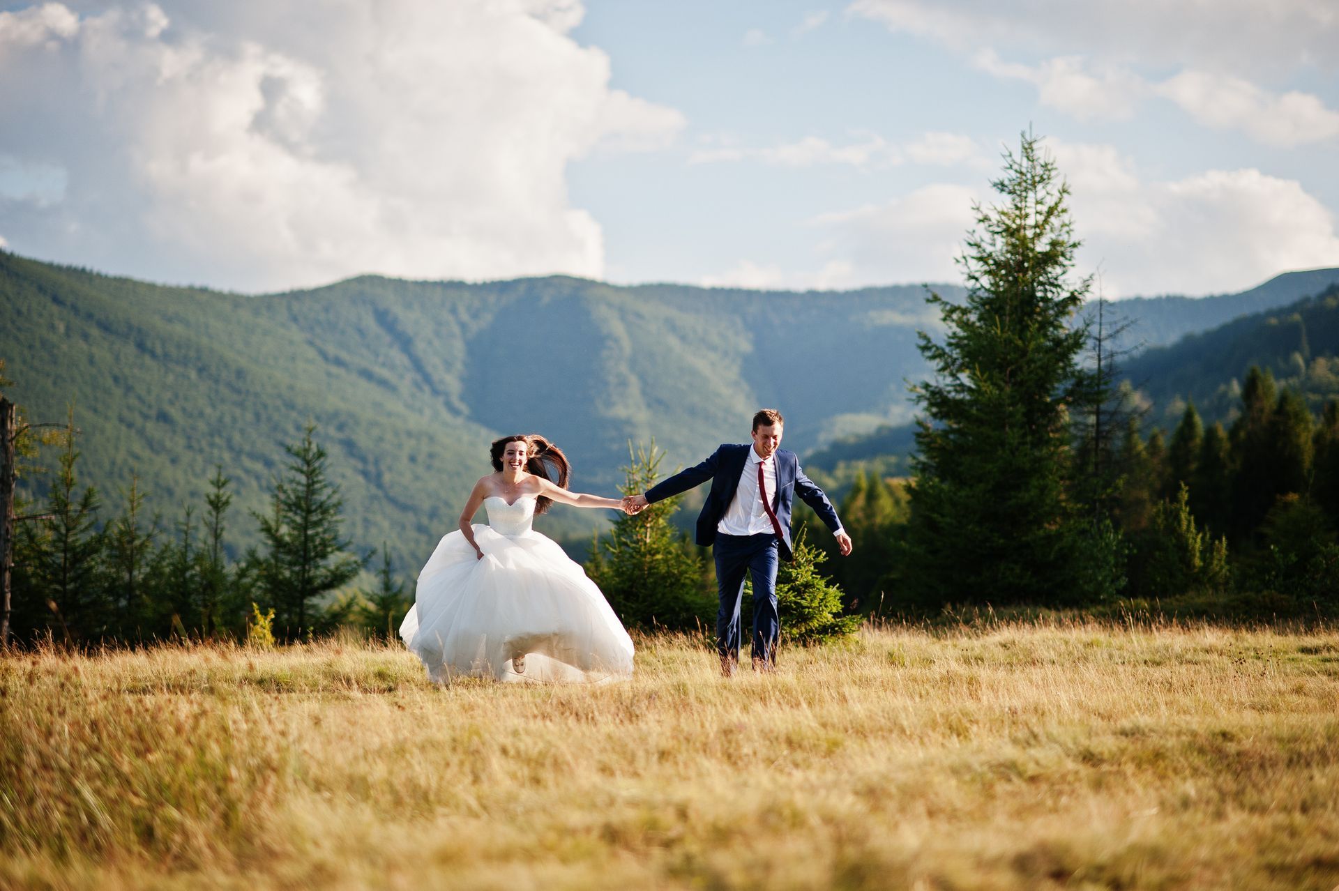 Bride and groom running hand-in-hand in a field, mountains in background, bright colors.