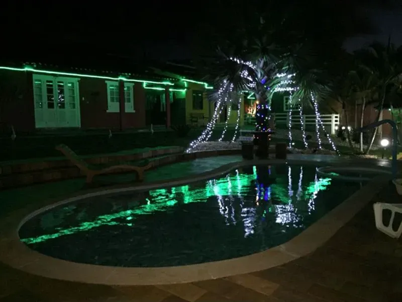Área da piscina iluminada à noite, com luzes que se refletem na água e uma palmeira.