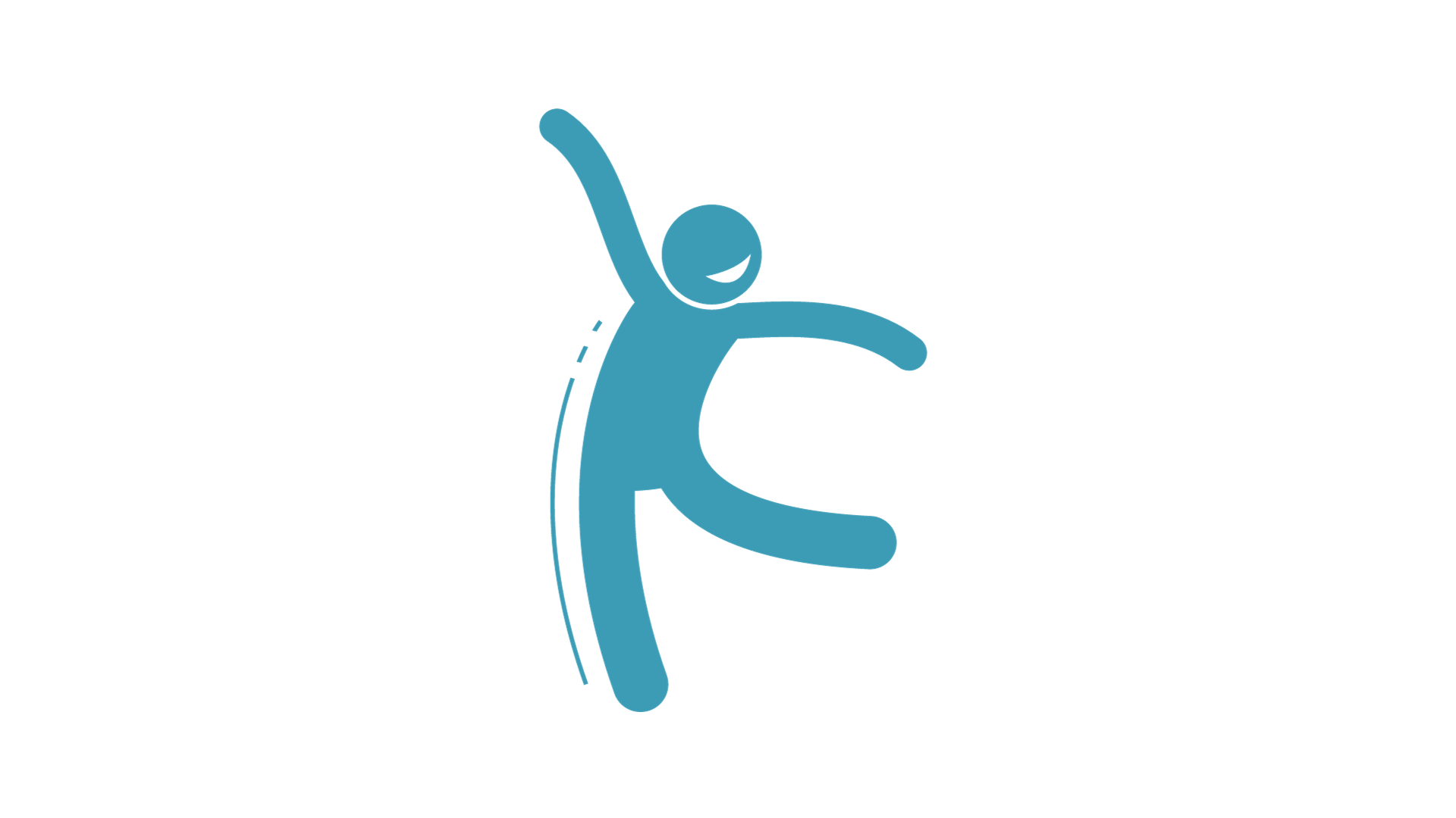 A blue icon of a person dancing with their arms outstretched.