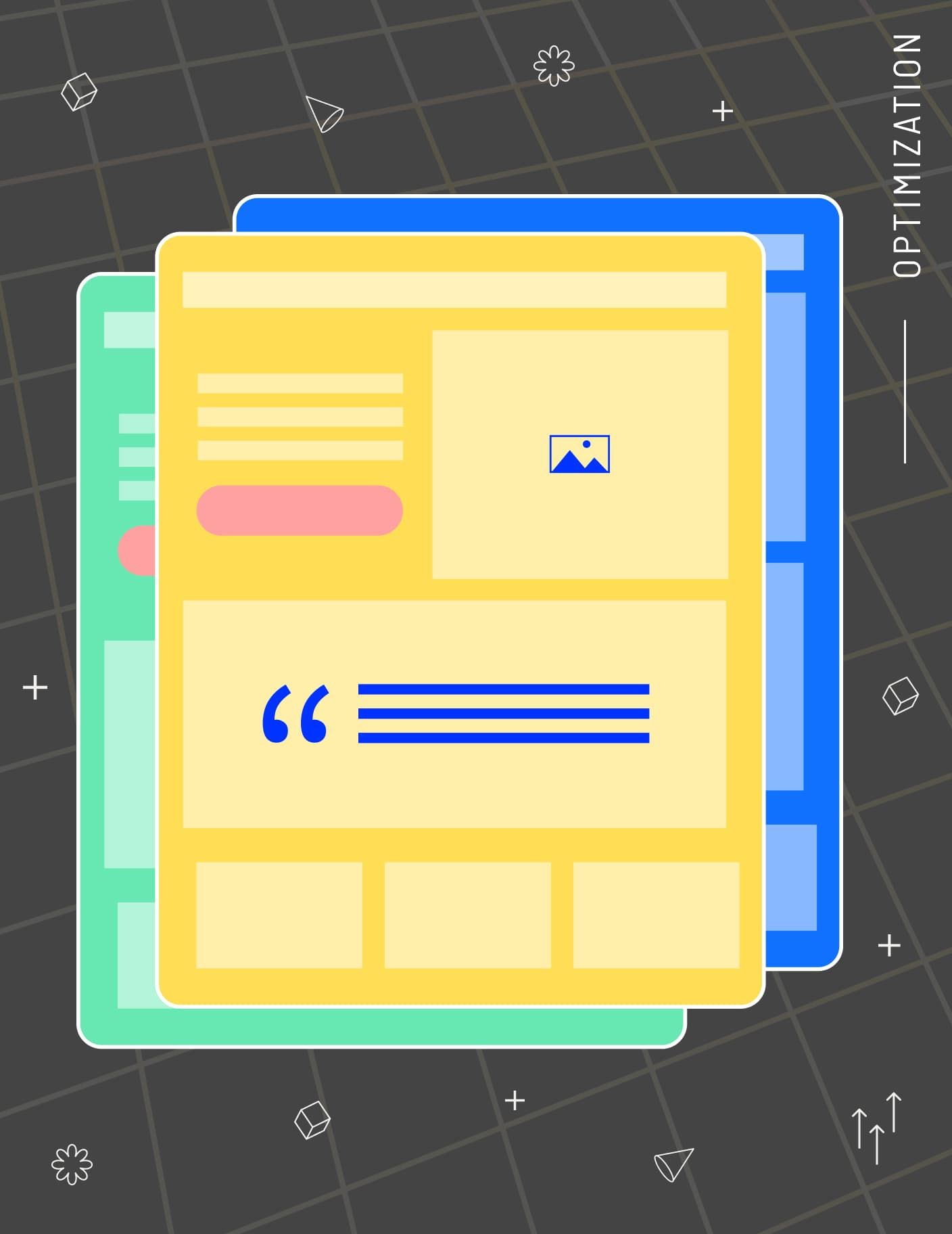 Three layered mockups of website pages in blue, yellow, and green, with content placeholders and a gray background.