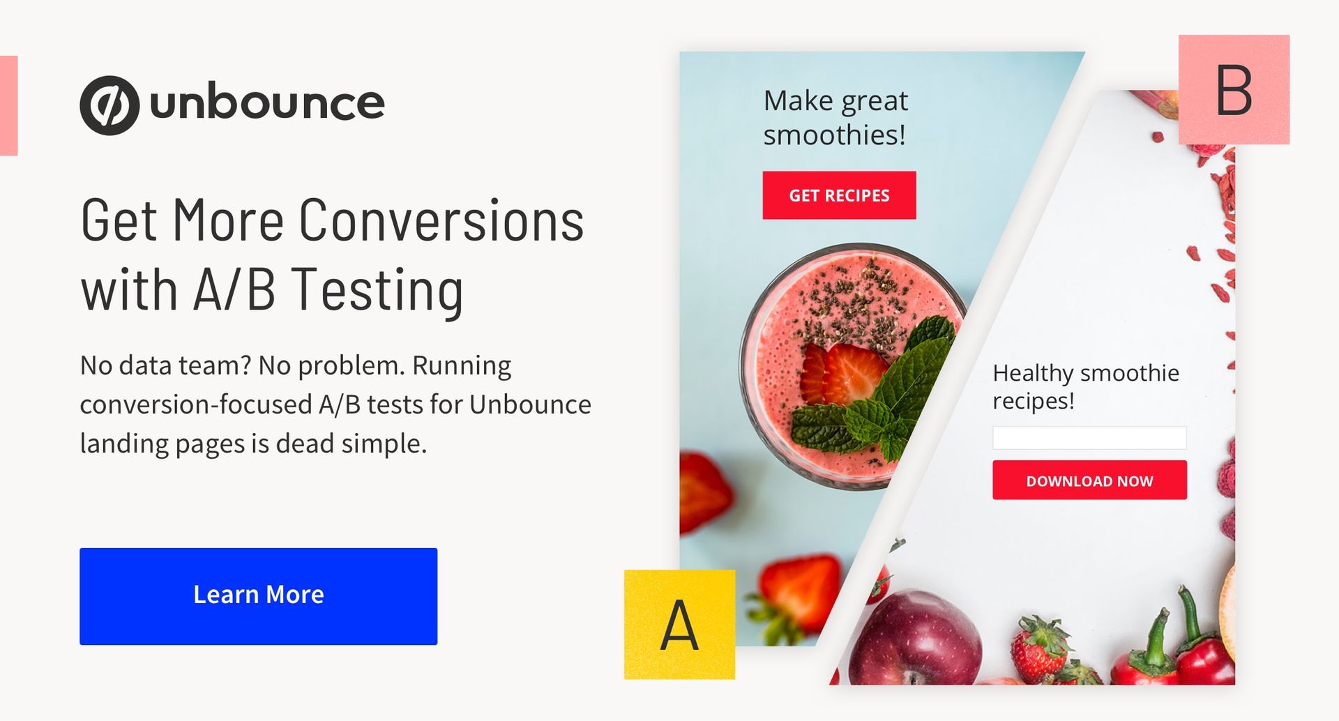 A/B testing ad: Unbounce logo, text about conversions, and two design variations: one with blue CTA, one with red.