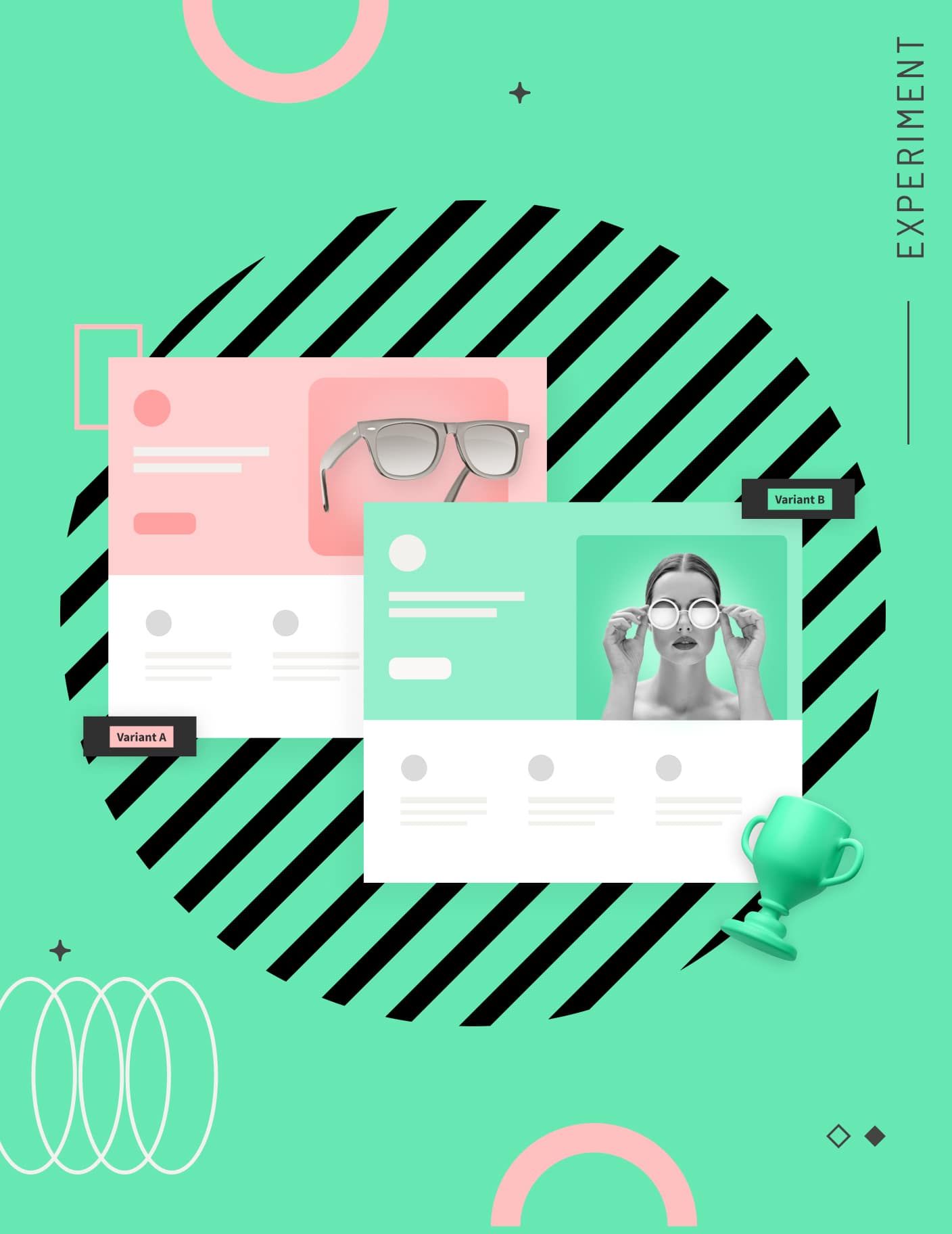 Website design showing glasses, a person wearing glasses, and a trophy, all on a green and black geometric background.