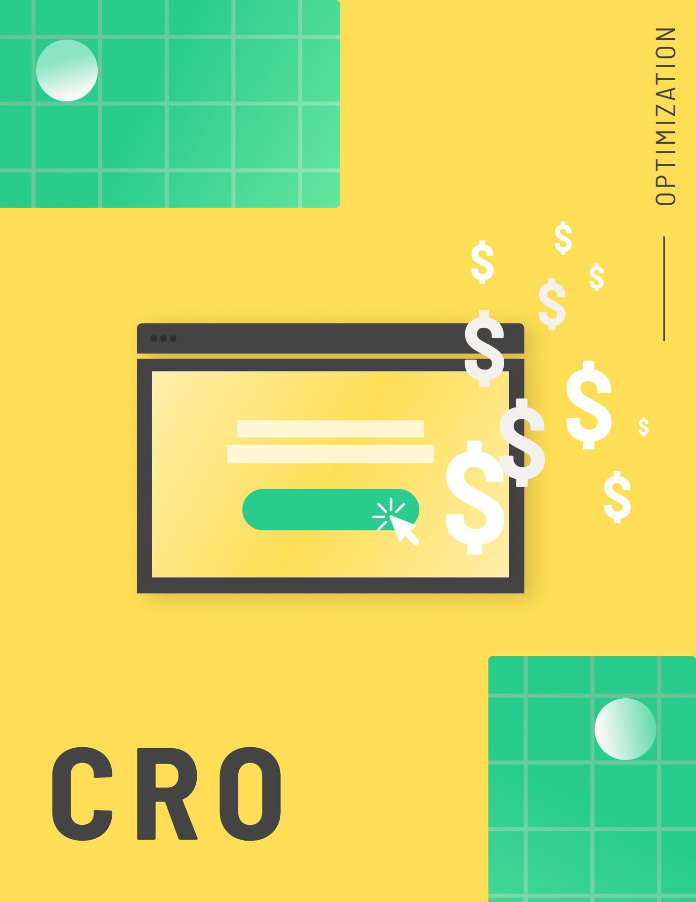 A website window with a button being clicked, surrounded by dollar signs, against a yellow background. CRO (Conversion Rate Optimization) text at the bottom.