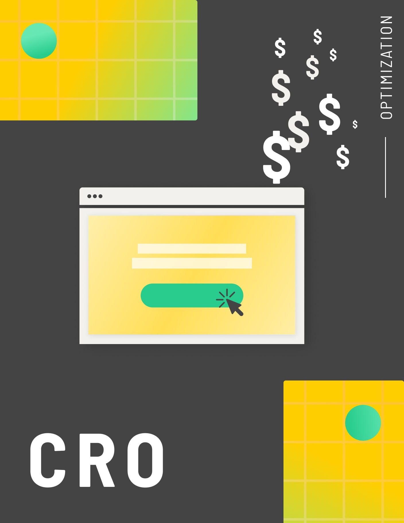 A web browser window with a click button and dollar signs, depicting conversion rate optimization (CRO).
