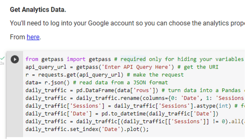 Code snippet for fetching analytics data, using getpass and pandas, with comments.