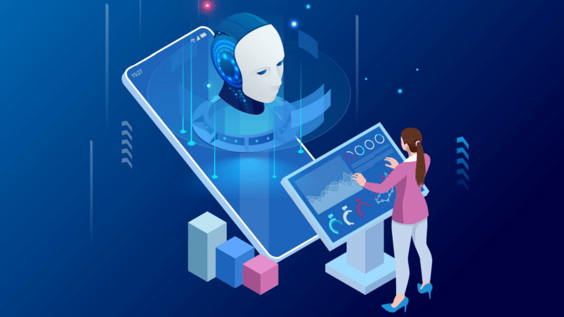 Woman interacting with a touch screen, an AI robot head emerging from a smartphone, blue tones.