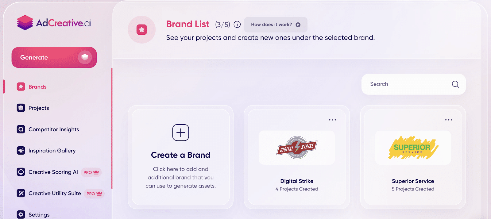 A webpage interface with a menu on the left and content cards on the right for creating brand content.