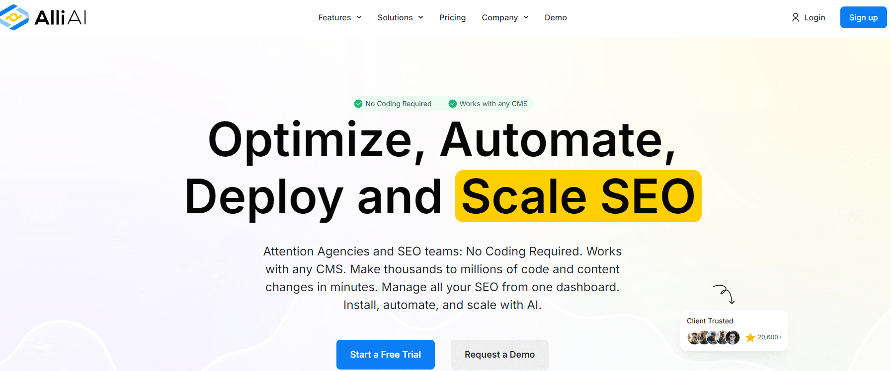 Website homepage showcasing SEO optimization, automation, deployment, and scaling.