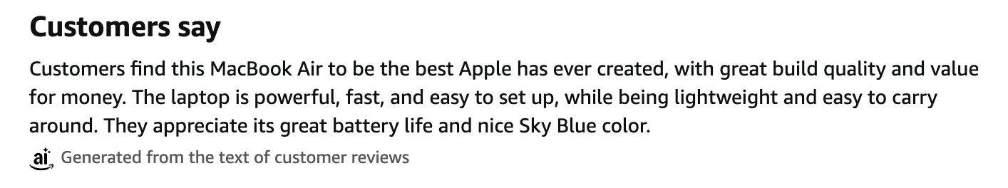 Customers' reviews of the MacBook Air: highlight quality, value, and features such as being lightweight and easy to carry.