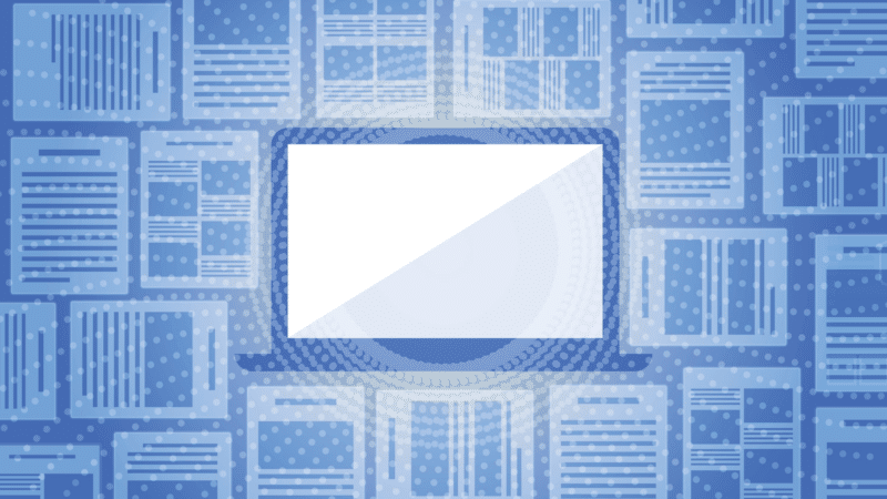 Laptop with a blank screen surrounded by light blue documents against a blue background.