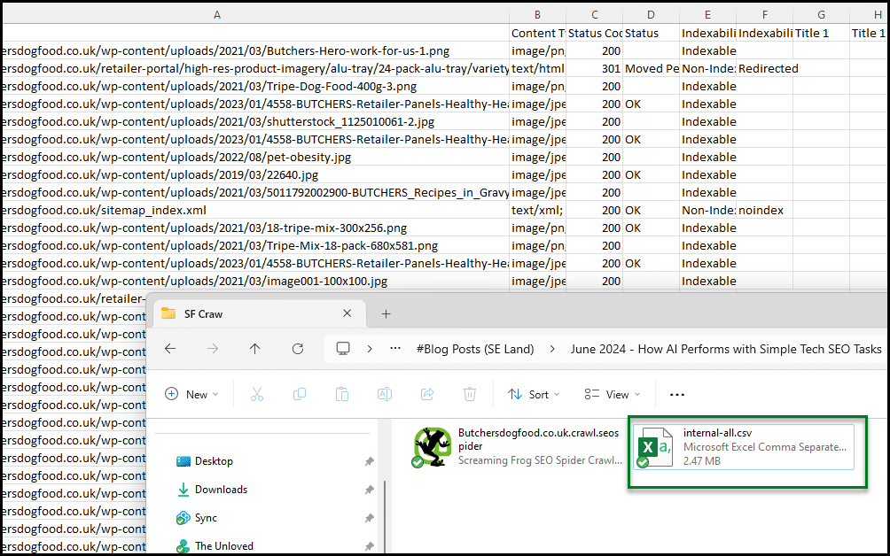 Screenshot showing a spreadsheet with file paths and a file explorer displaying an Excel file.