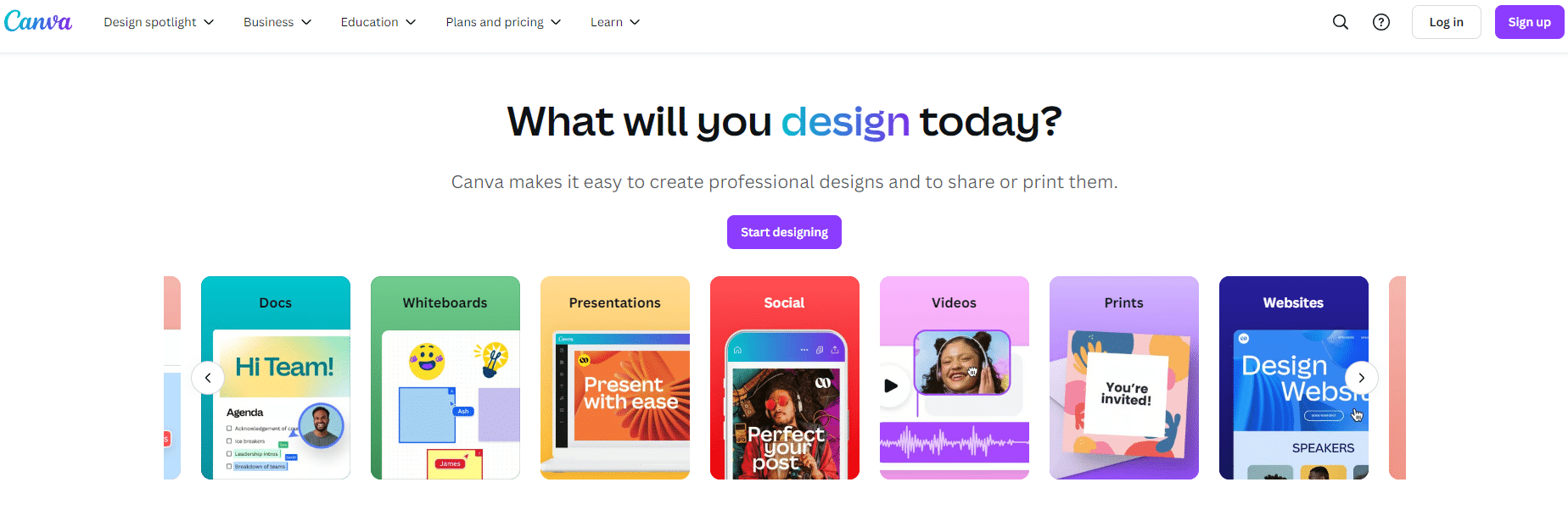 Canva website landing page with design templates showcased.