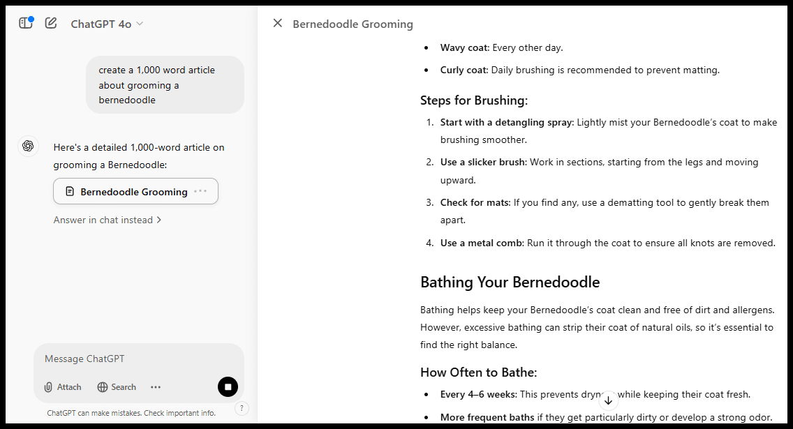 Screenshot of a chat window and a document with headings and text.