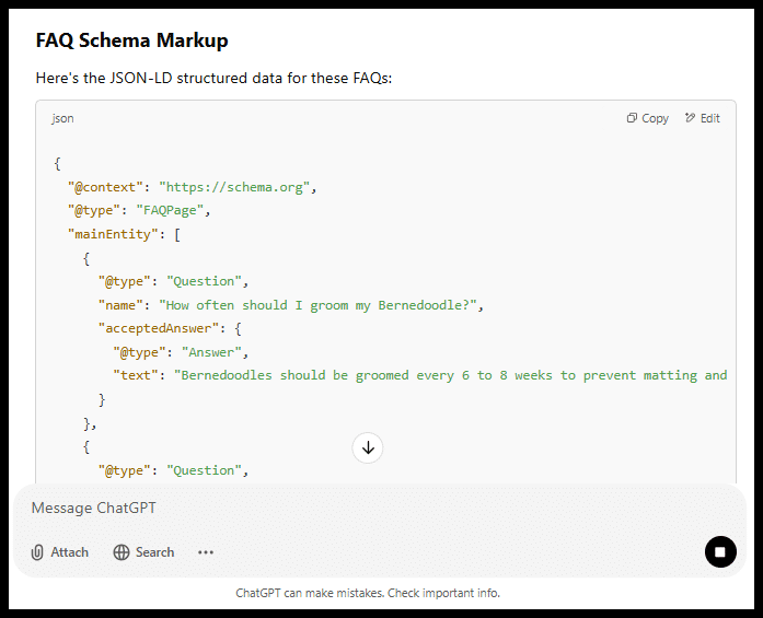 FAQ schema markup example with JSON-LD data, containing questions and answers.