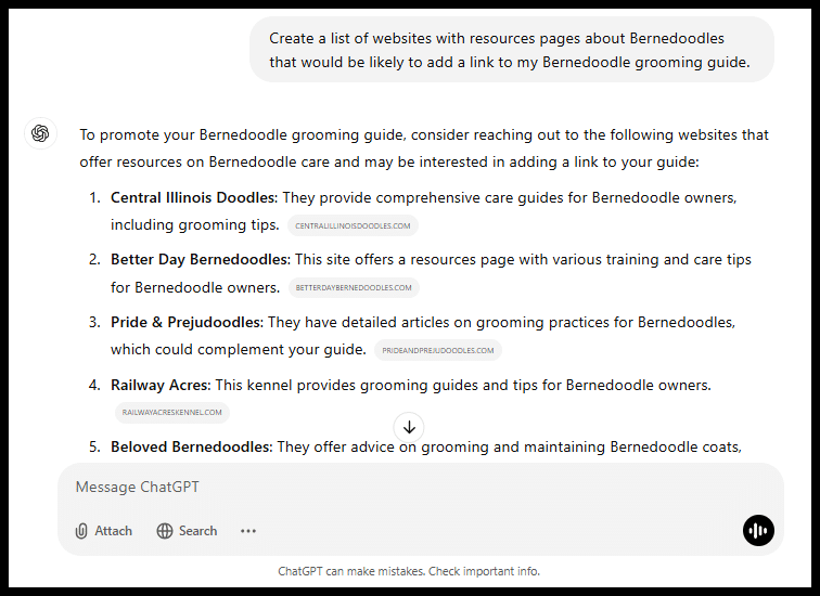 Screenshot of ChatGPT suggestions for websites with resources on Bernedoodle grooming.