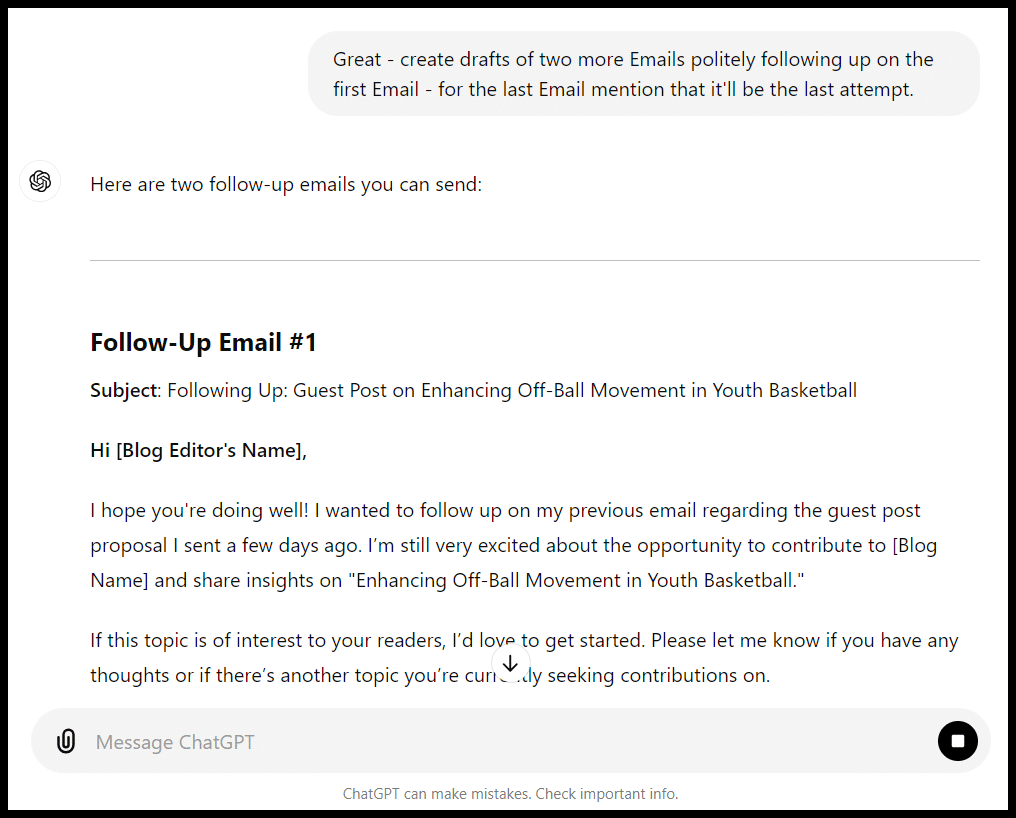 Screenshot of follow-up emails for a guest post, showing an email draft.