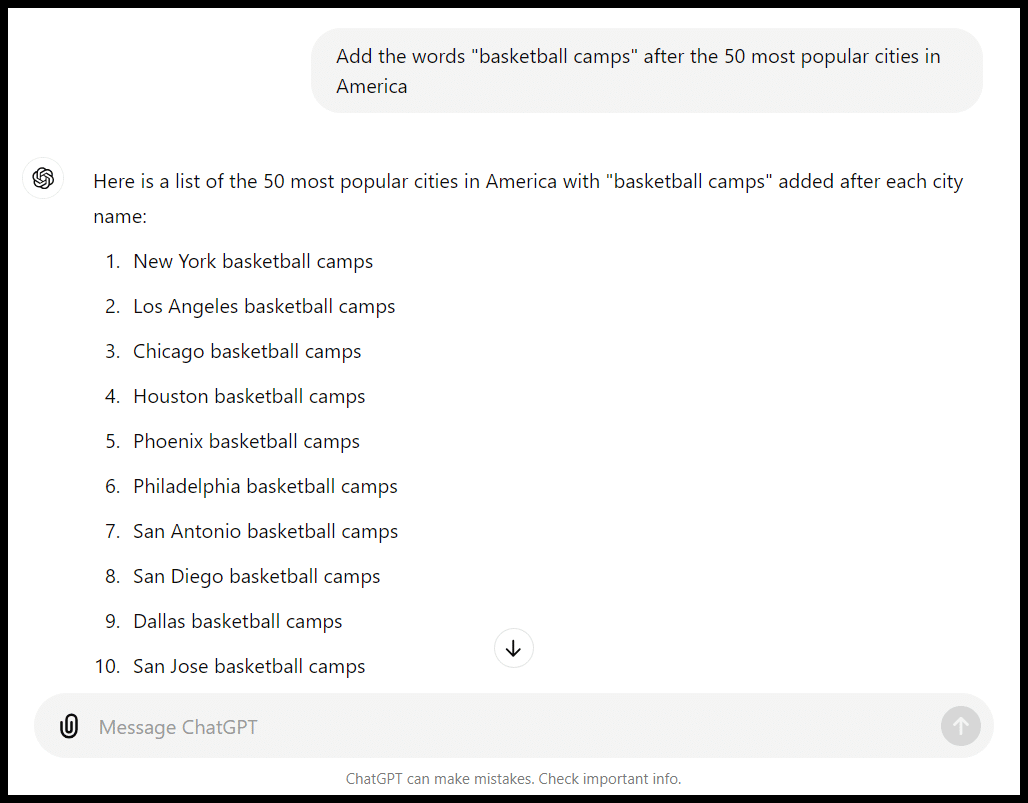 A list of 10 cities, each with 