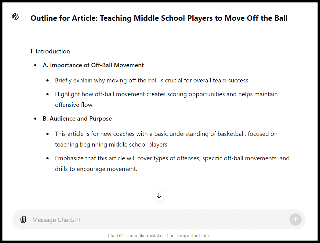 Outline for article about teaching middle school players to move off the ball.