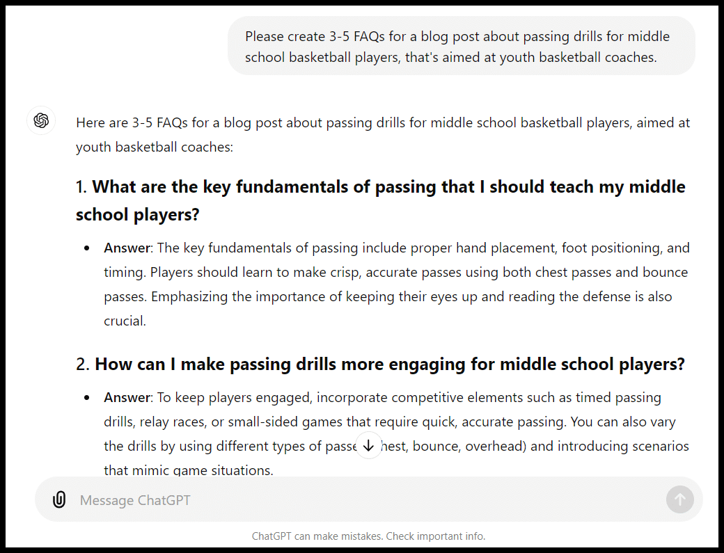 FAQs for a blog post about basketball passing drills for middle school players, with questions and answers.