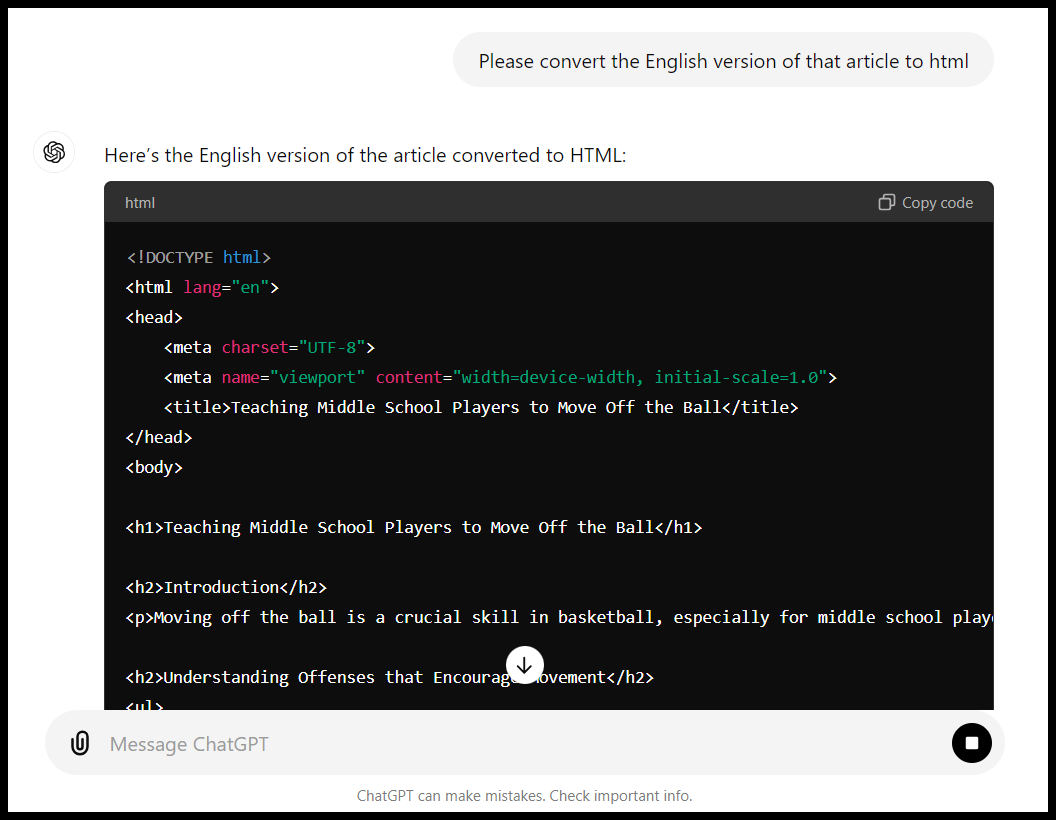 Code snippet in a dark window, likely HTML, with comments about middle school sports.