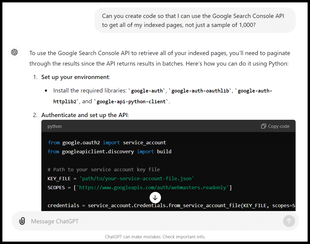 Screenshot with Google Search Console setup instructions, including Python code for API access.