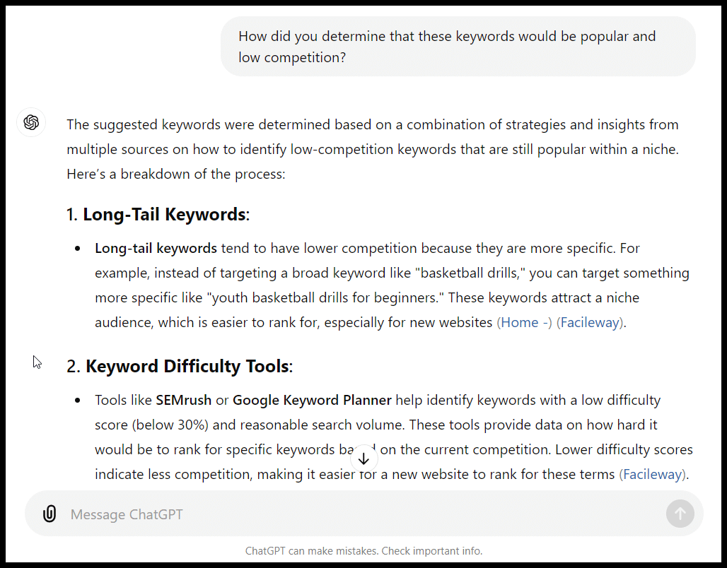 Text explaining how keywords are determined, including strategies and tools, focused on popularity and competition.
