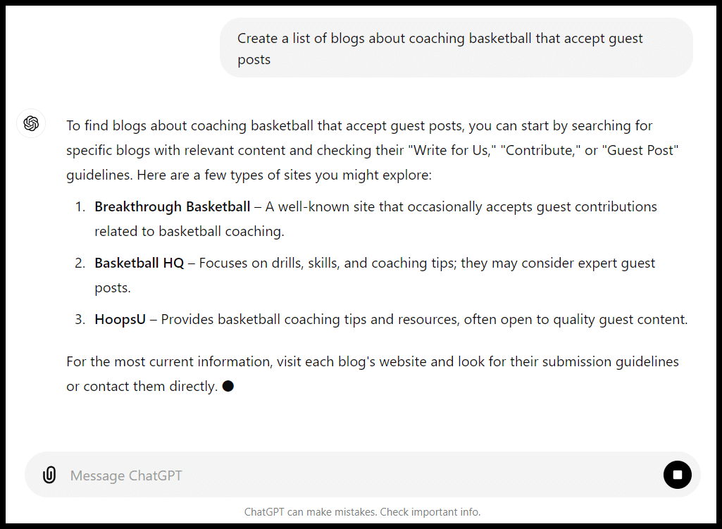 ChatGPT interface displaying text about types of basketball.