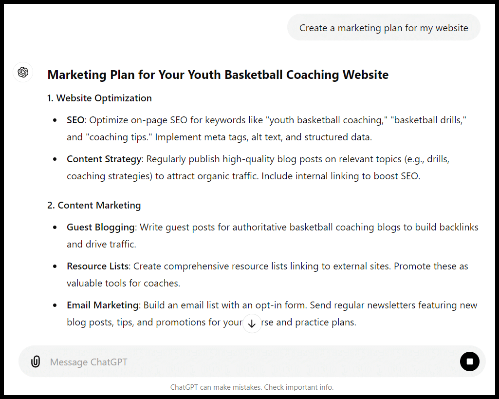 Marketing plan for a youth basketball coaching website, with content strategy and SEO tactics.