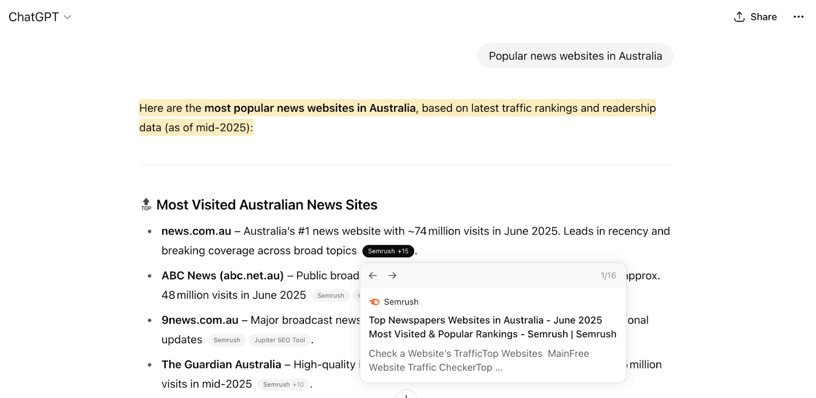 Webpage showing a list of news articles related to media and Australian violence, with a dropdown menu.