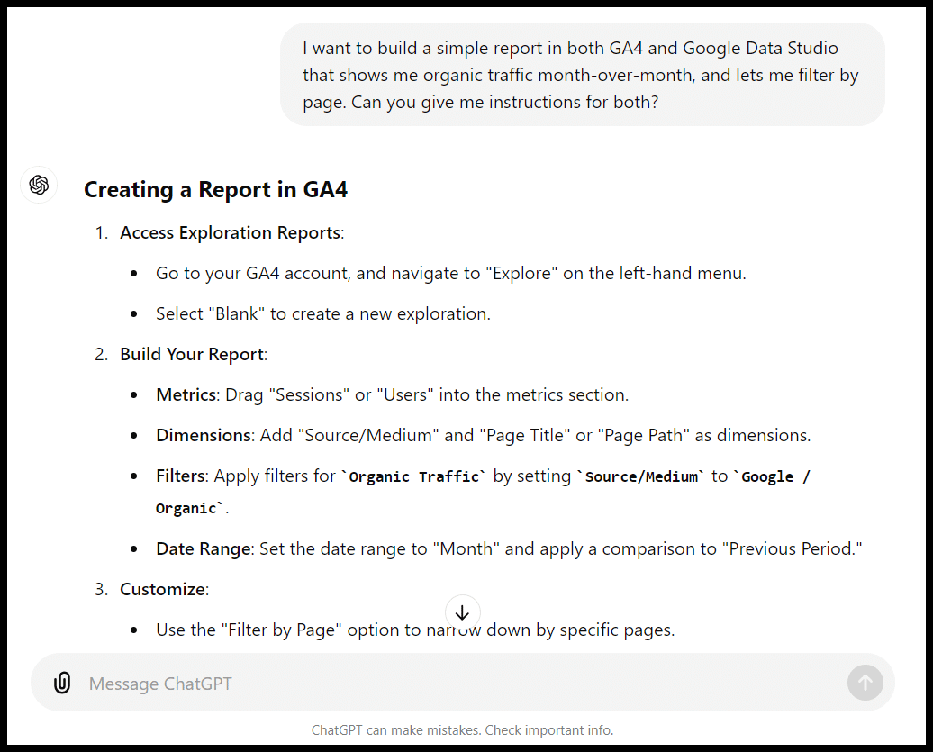 Screenshot of instructions on creating reports in Google Analytics 4, with steps and menu options.