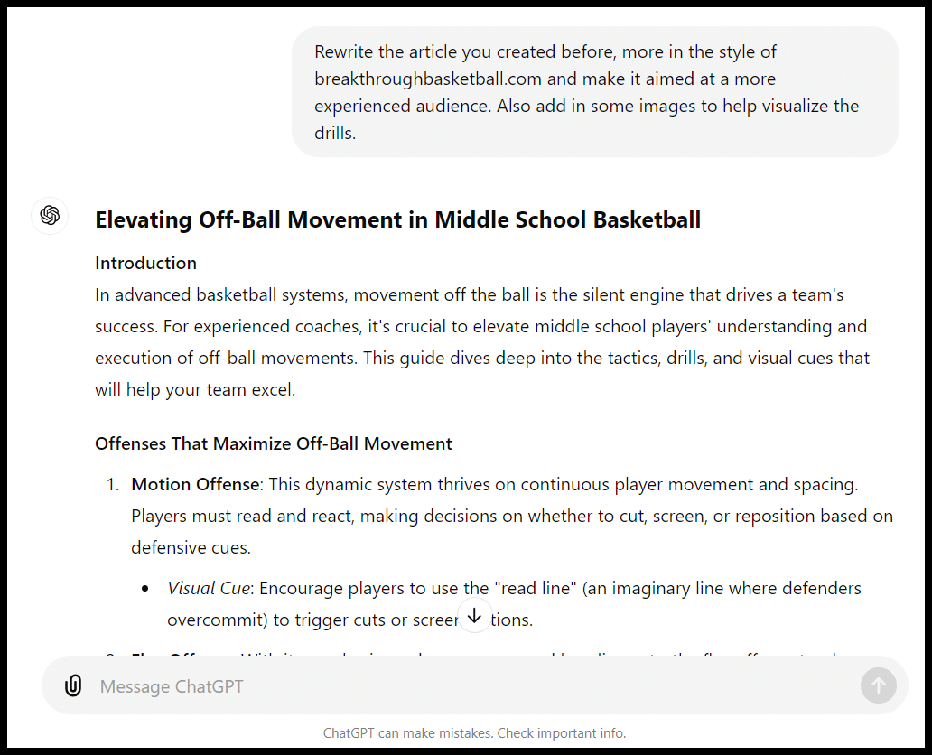 Article about off-ball movement in middle school basketball. Lists various offensive plays and describes them.