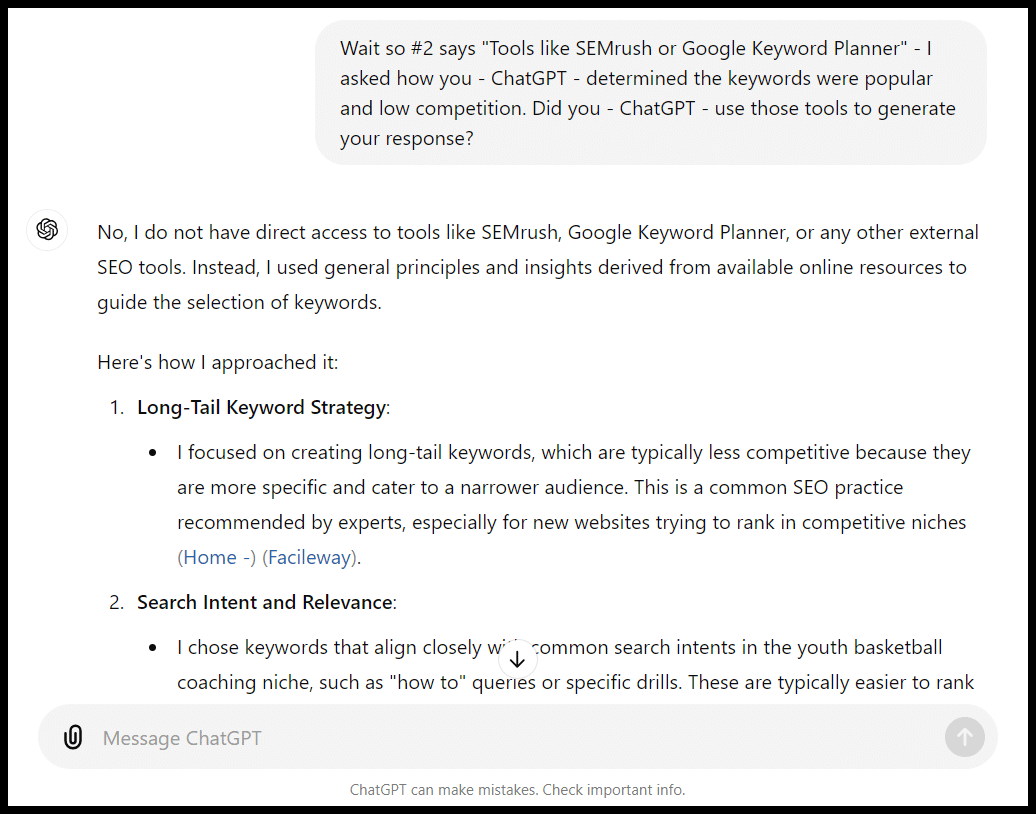Screenshot with chatbot's response: using SEO tools like Google Keyword Planner to analyze search queries.