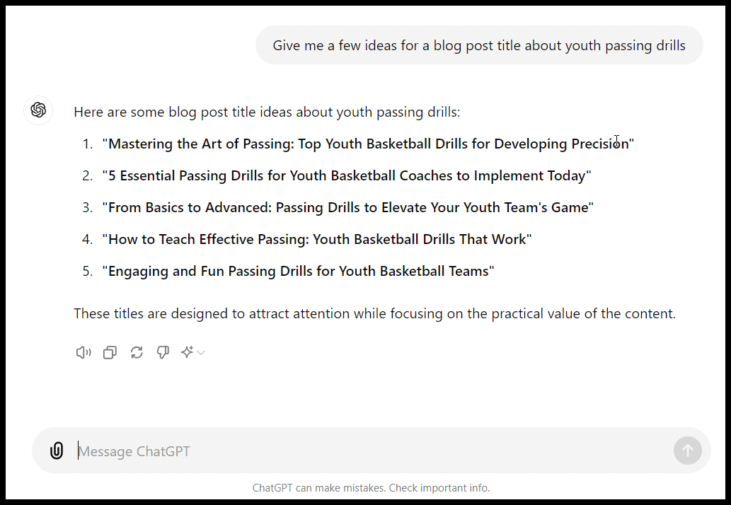 A list of blog post titles about youth basketball, generated by ChatGPT.
