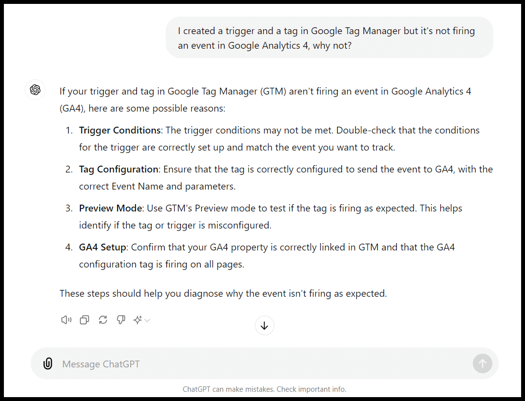A chat interface displays troubleshooting steps for a Google Tag Manager tag, likely concerning an event not firing correctly.