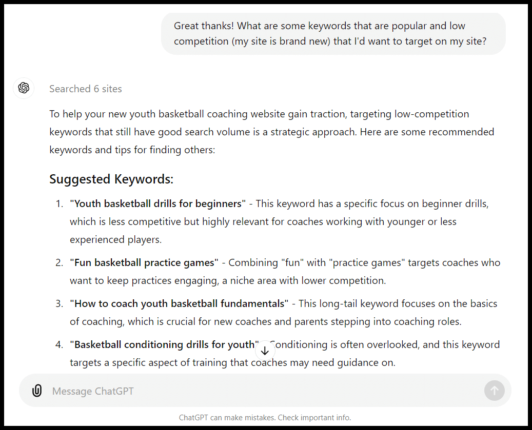 Screenshot of a text suggesting SEO keywords related to basketball, with example keywords and explanations.