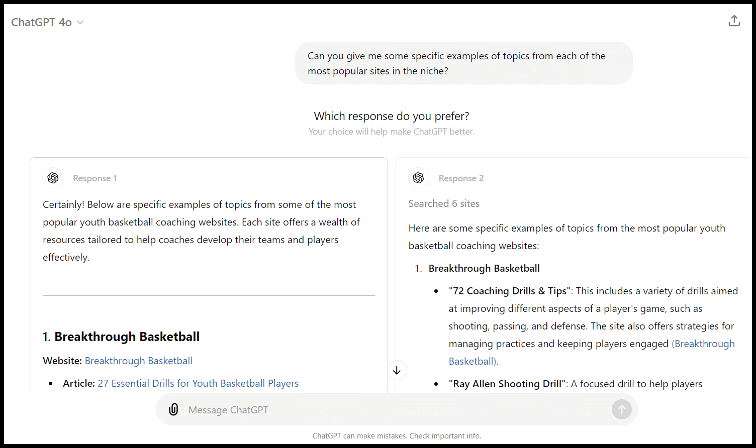 Screenshot of ChatGPT, showing conversational interface and examples related to breakthroughs in basketball.